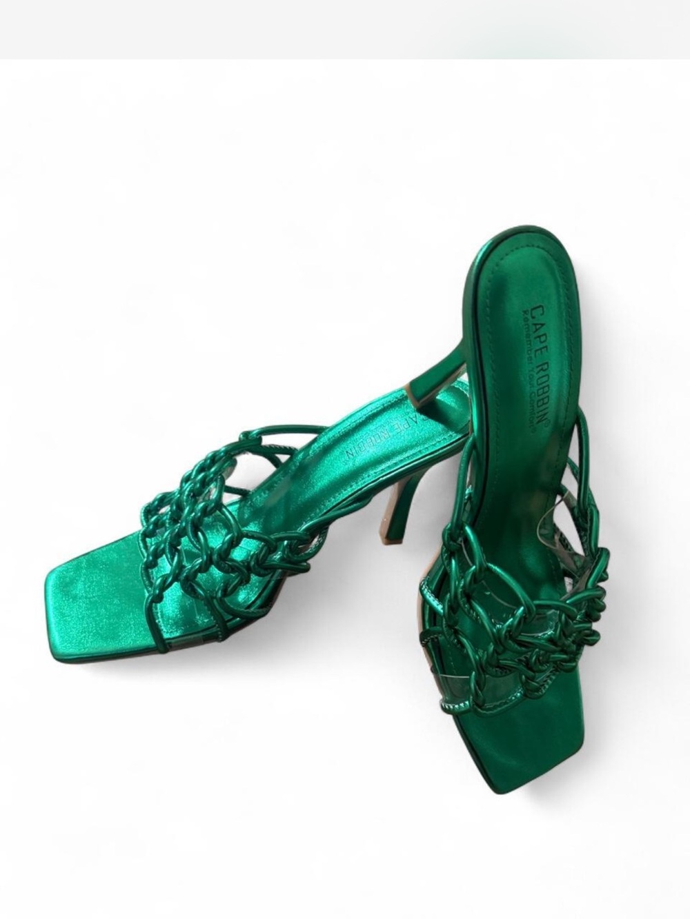 Cape Robbin Metallic Emerald Green Braided-Chain Mules